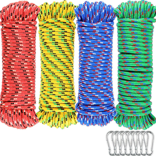 Wellmax 4 Pack 3/16" x 50ft Diamond Braided Polypropylene Rope with UV Treatment and Weather Resistant, Assorted Multi-Color