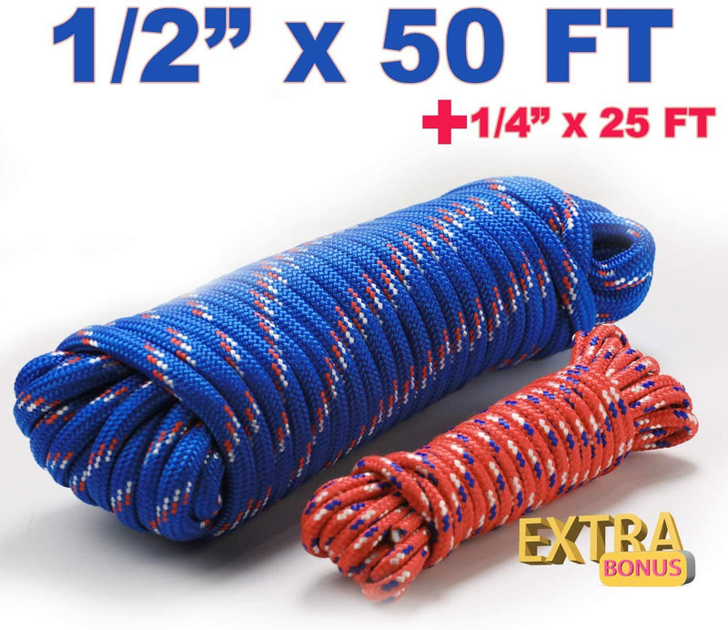 Wellmax Diamond Braid Nylon Rope, 1/2in X 50FT with Bonus 1/4in x 25FT Cord UV Resistant, High Strength and Weather Resistant