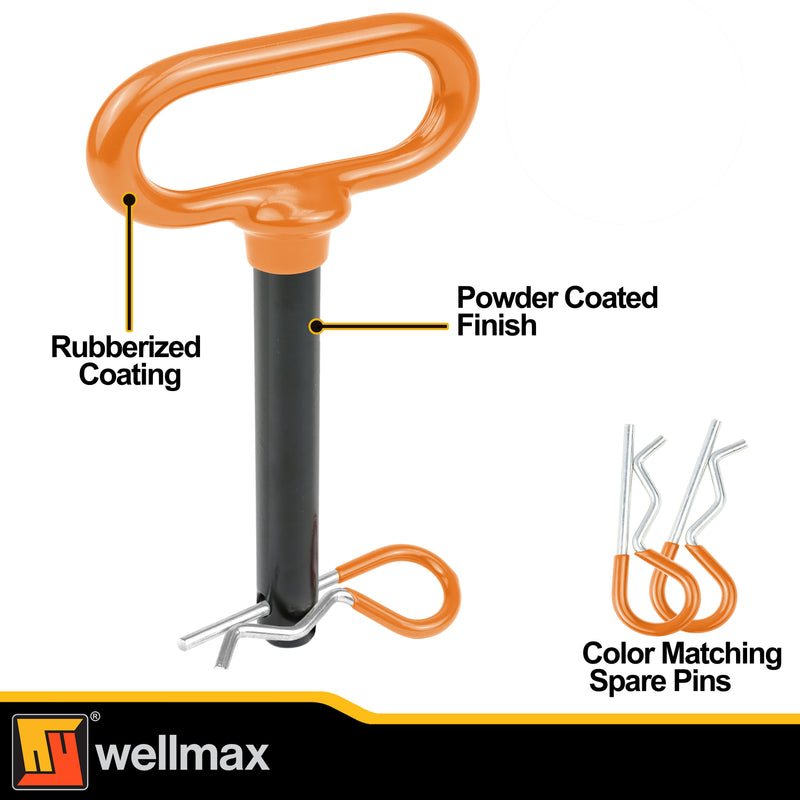 Wellmax 2-Pack 5/8" x 4-1/2" Steel Hitch Pin with 4pcs 3" R Clip, Clevis Pin Hitch with Rubber-Coated Handle, Yellow-Brown Color