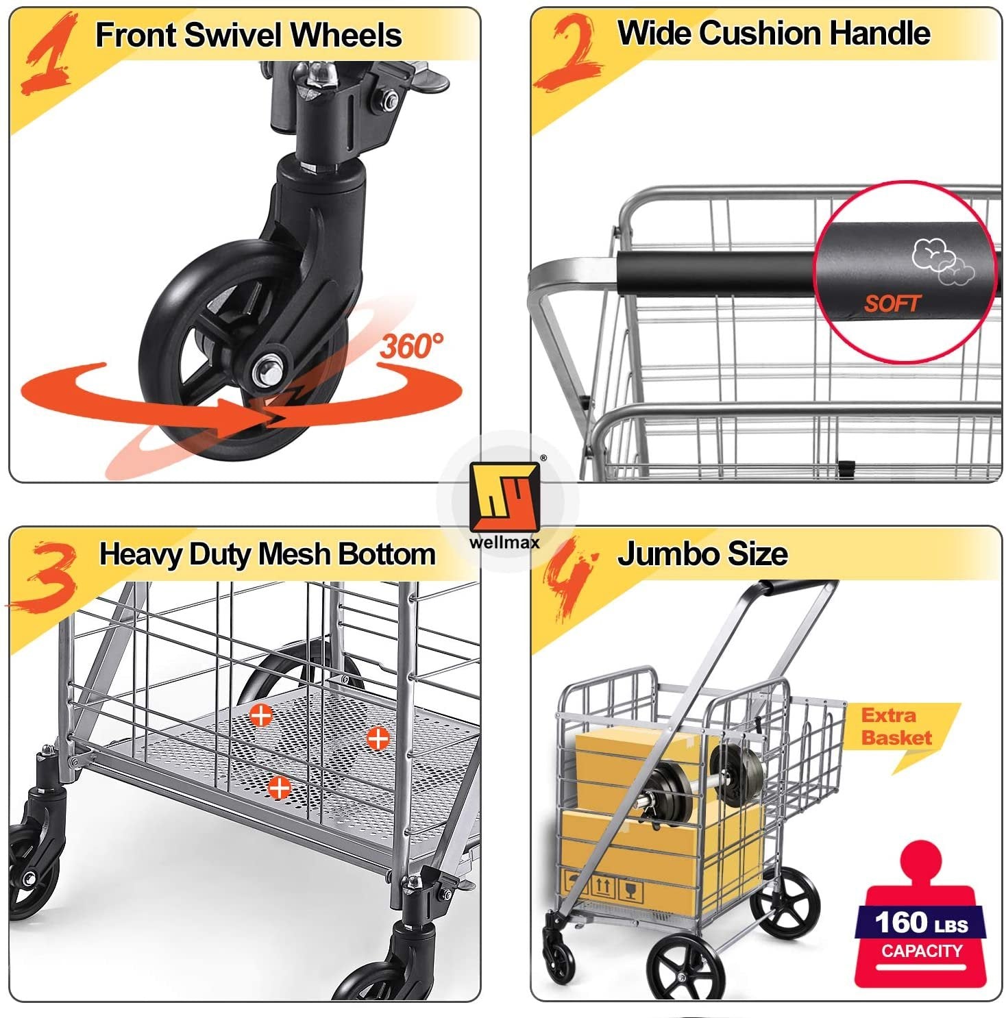 Wellmax Shopping Cart with Wheels, Metal Grocery Cart with Wheels, Shopping Carts For Groceries, Folding Cart For Convenient Storage And Holds Up To 160lbs, Dual Swivel Wheels and Extra Basket, Silver