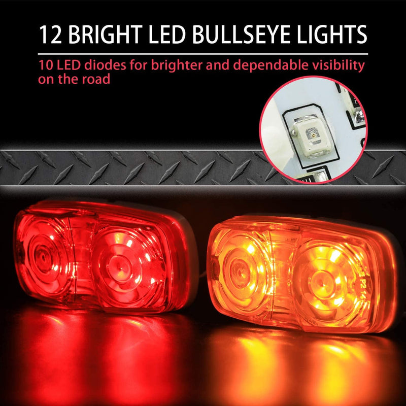 Wellmax LED Trailer Marker Lights, 6 Red and 6 Amber Combination Bullseye Lights, Rear and Side Exterior Clearance Surface and Sleeper Panel Mount, 12V Universal Fit