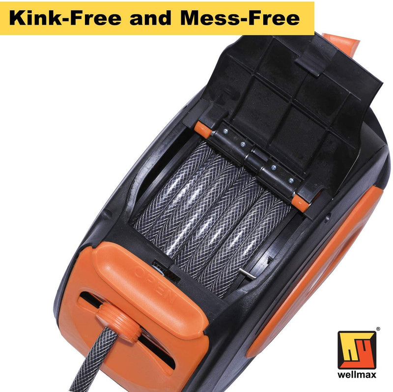 Wellmax Retractable Water Hose Reel with Wall Mount, Flexible Garden Hoses Expandable Up to 65ft + 7ft Hose Connector, Kink Free and Convenient Storage