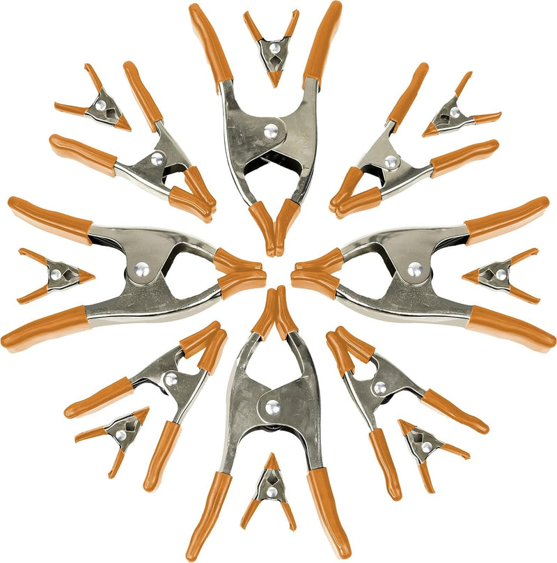 Wellmax Spring Clamps Set - 16PCs Heavy Duty Metal Clamps with Nickel-Plated Finish, Includes 8 x 2" Clamps, 4 x 4" Clamps, and 4 x 6" Clamps, Versatile for Woodworking, Picture Frame Making, and More