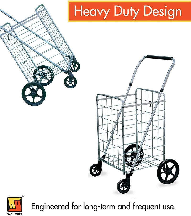 Wellmax Grocery Shopping Cart with Swivel Wheels, Foldable and Collapsible Utility Cart with Adjustable Height Handle, Heavy Duty Light Weight Trolley