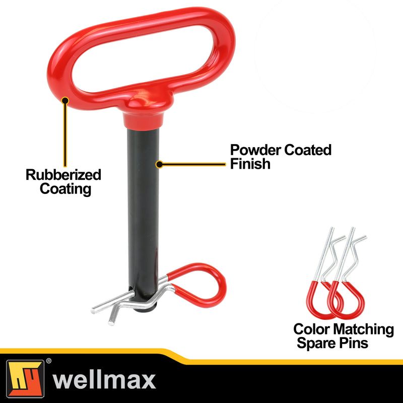 Wellmax 2-Pack 5/8" x 4-1/2" Steel Hitch Pin with 4pcs 3" R Clip, Clevis Pin Hitch with Rubber-Coated Handle, Red Color