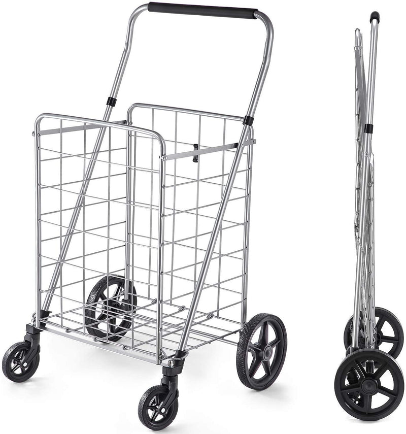 Wellmax Grocery Shopping Cart with Swivel Wheels, Foldable and Collapsible Utility Cart with Adjustable Height Handle, Heavy Duty Light Weight Trolley