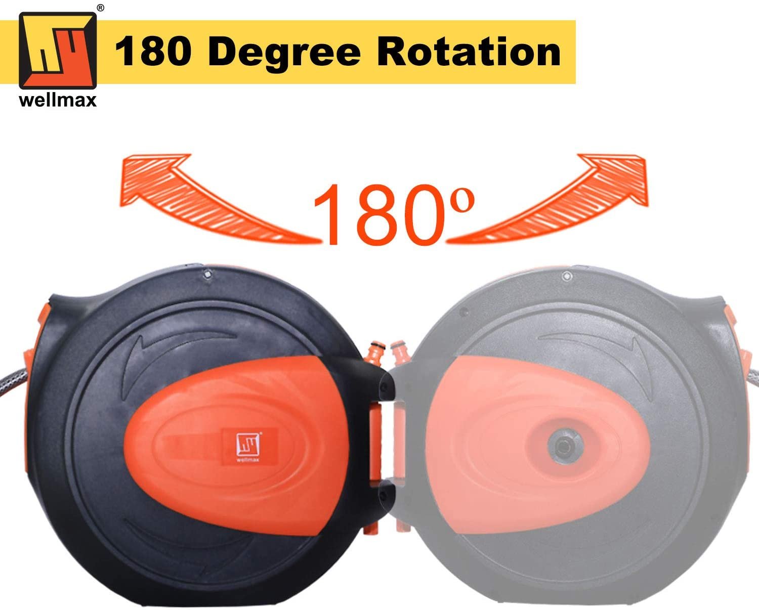 Wellmax Retractable Water Hose Reel with Wall Mount, Flexible Garden Hoses Expandable Up to 65ft + 7ft Hose Connector, Kink Free and Convenient Storage