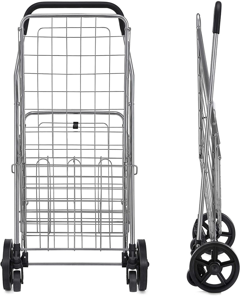 Wellmax Metal Grocery Shopping Cart with Wheels for Groceries, Folding Cart for Convenient Storage and Holds Up to 66lbs, Dual Swivel Wheels and Extra Basket, Silver