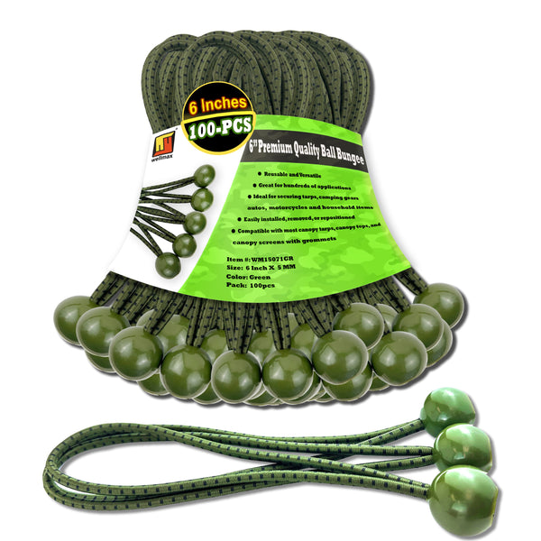 6 inch 100 Piece Heavy Duty 5mm Ball Bungee Canopy Cord by Wellmax, Green Camo Color