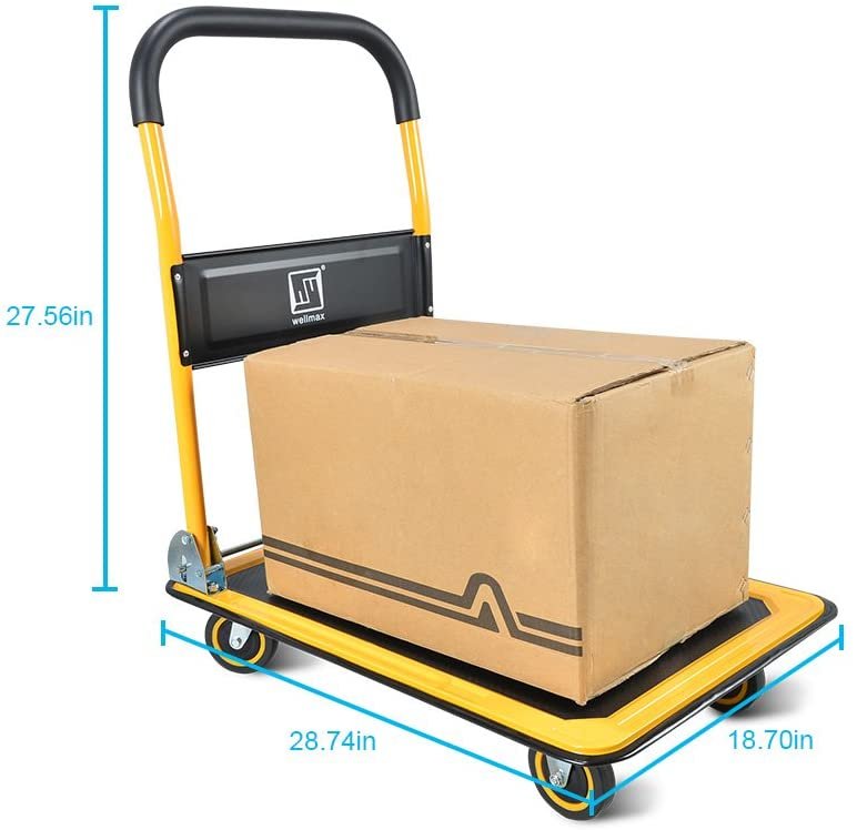 Push Cart Dolly by Wellmax, Moving Platform Hand Truck, Foldable for Easy Storage and 360 Degree Swivel Wheels with 660lb Weight Capacity, Yellow Color