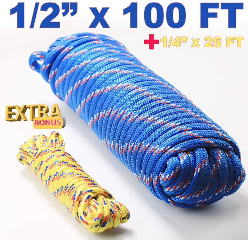 Wellmax Diamond Braid Nylon Rope, 1/2in X 100FT with Bonus 1/4in x25FT Cord UV Resistant, High Strength and Weather Resistant
