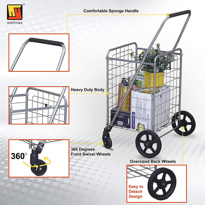 Wellmax WM99024S Grocery Utility Shopping Cart, Easily Collapsible and Portable to Save Space and Heavy Duty, Light Weight Trolley with Rolling Swivel Wheels