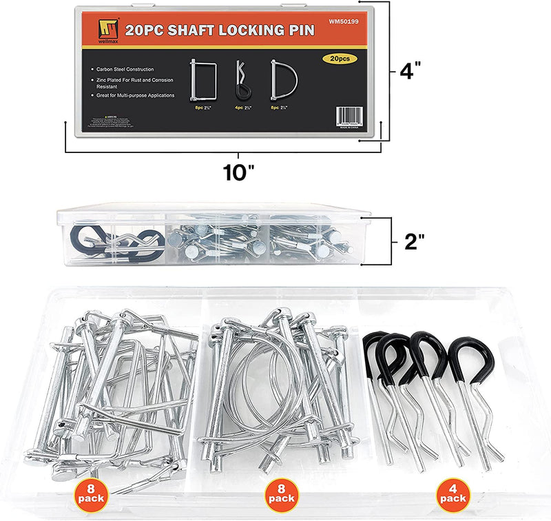Wellmax 20 Pcs Shaft Locking Pin in 1/4 Diameter Zinc-Plated Heavy Duty Safety Pins, Bonus 4 Pcs Heavy Duty Trailer Hitch Pin for Trailer Lock and Hitch Pin Lock for Farm Lawn Garden Wagons