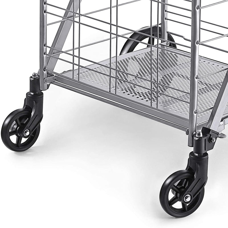 Wellmax Shopping Cart with Wheels, Metal Grocery Cart with Wheels, Shopping Carts For Groceries, Folding Cart For Convenient Storage And Holds Up To 160lbs, Dual Swivel Wheels and Extra Basket, Silver