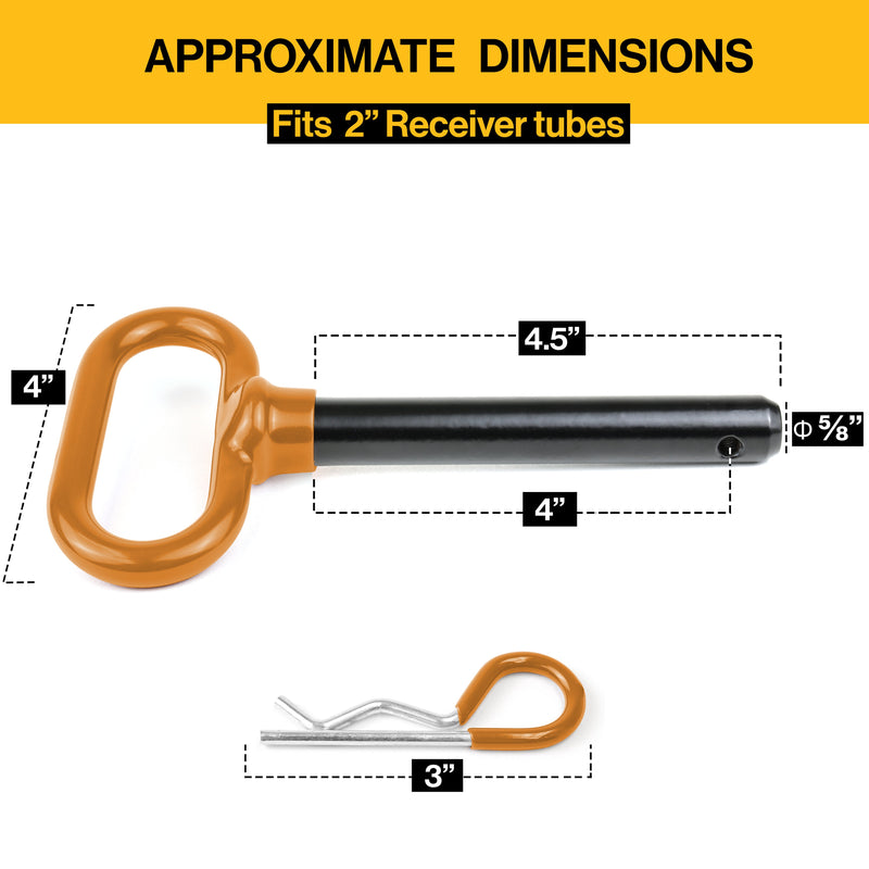 Wellmax 2-Pack 5/8" x 4-1/2" Steel Hitch Pin with 4pcs 3" R Clip, Clevis Pin Hitch with Rubber-Coated Handle, Yellow-Brown Color