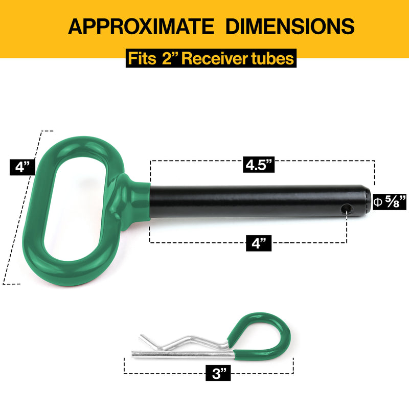 Wellmax 2-Pack 5/8" x 4-1/2" Steel Hitch Pin with 4pcs 3" R Clip, Clevis Pin Hitch with Rubber-Coated Handle, Green Color