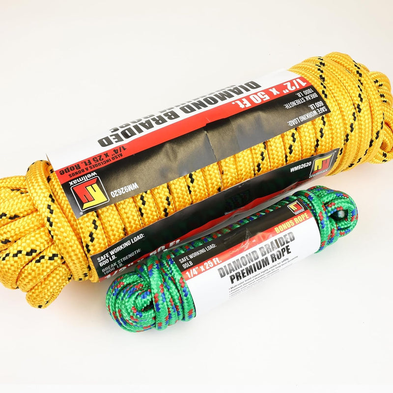 Wellmax Diamond Braid Nylon Rope, 1/2 in X 50 Foot with UV Protection and Weather Resistance, Yellow
