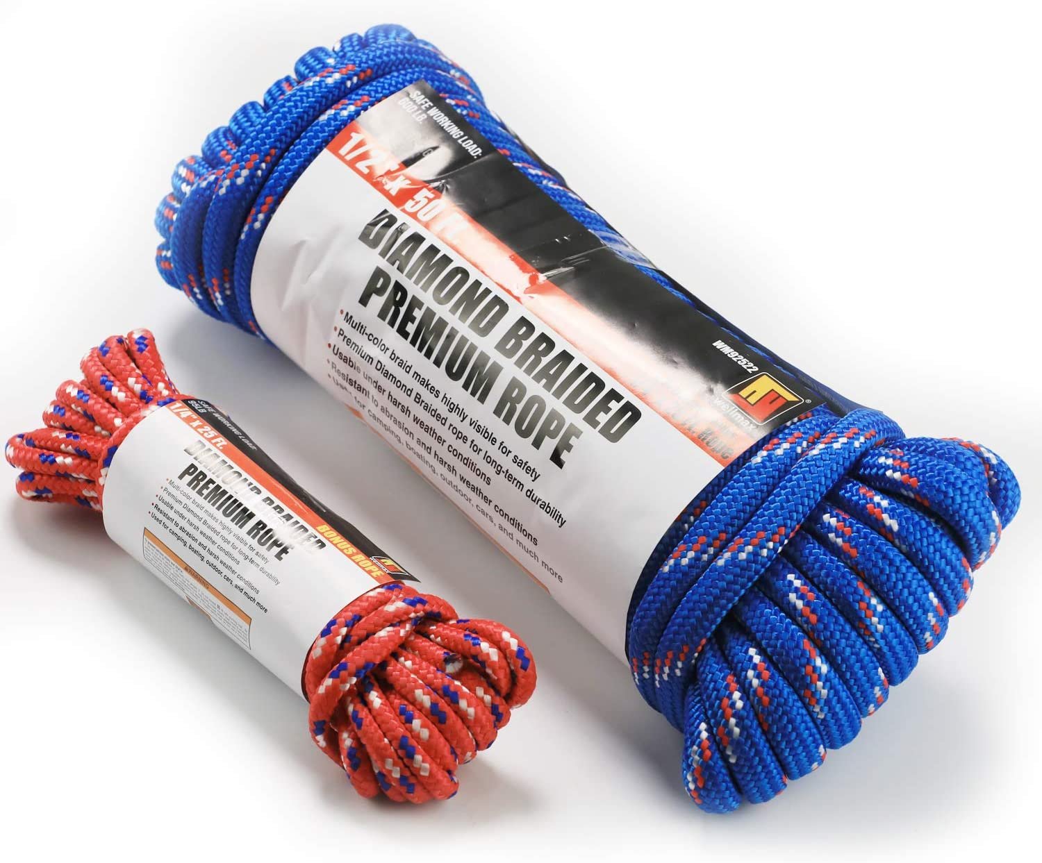 Wellmax Diamond Braid Nylon Rope, 1/2in X 50FT with Bonus 1/4in x 25FT Cord UV Resistant, High Strength and Weather Resistant