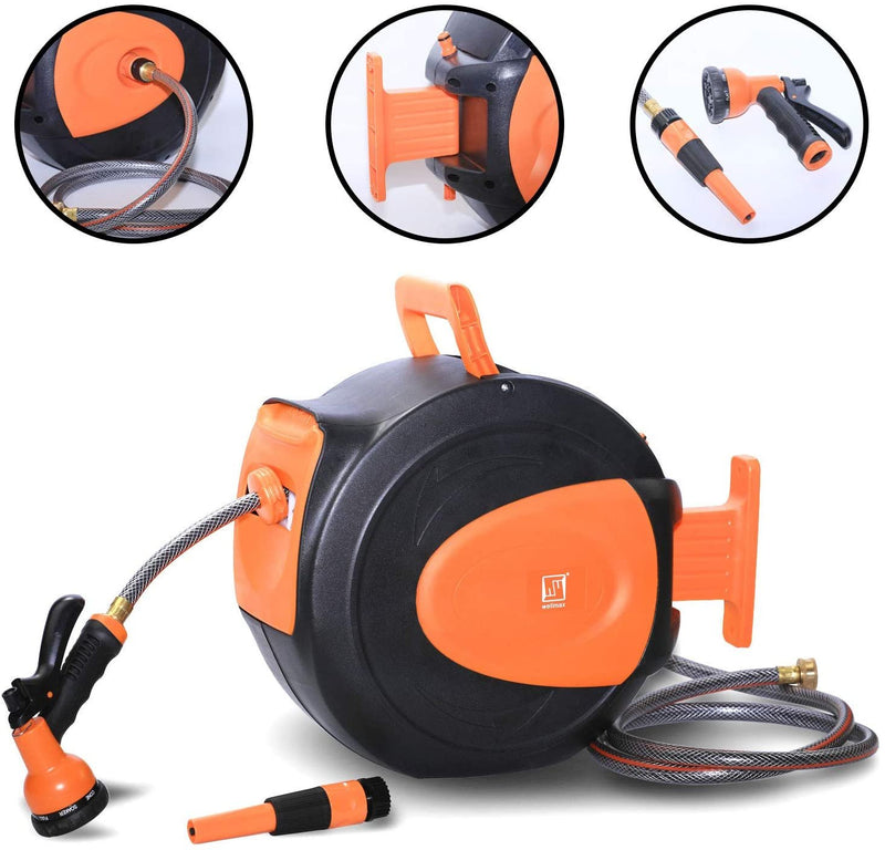 Wellmax Retractable Water Hose Reel with Wall Mount, Flexible Garden Hoses Expandable Up to 65ft + 7ft Hose Connector, Kink Free and Convenient Storage