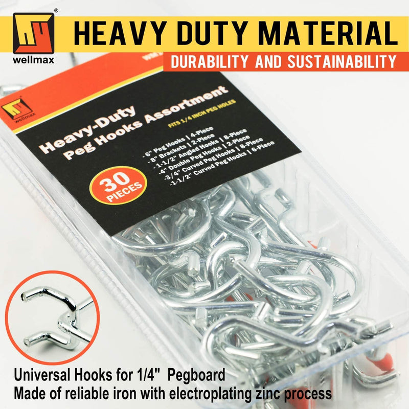 Wellmax 30pc Heavy Duty Pegboard hooks Set, Peg Board Hook Assortment and Accessories for tools, crafts, peg boards and pegs attachments. Fits 1/4 inch Peg Holes