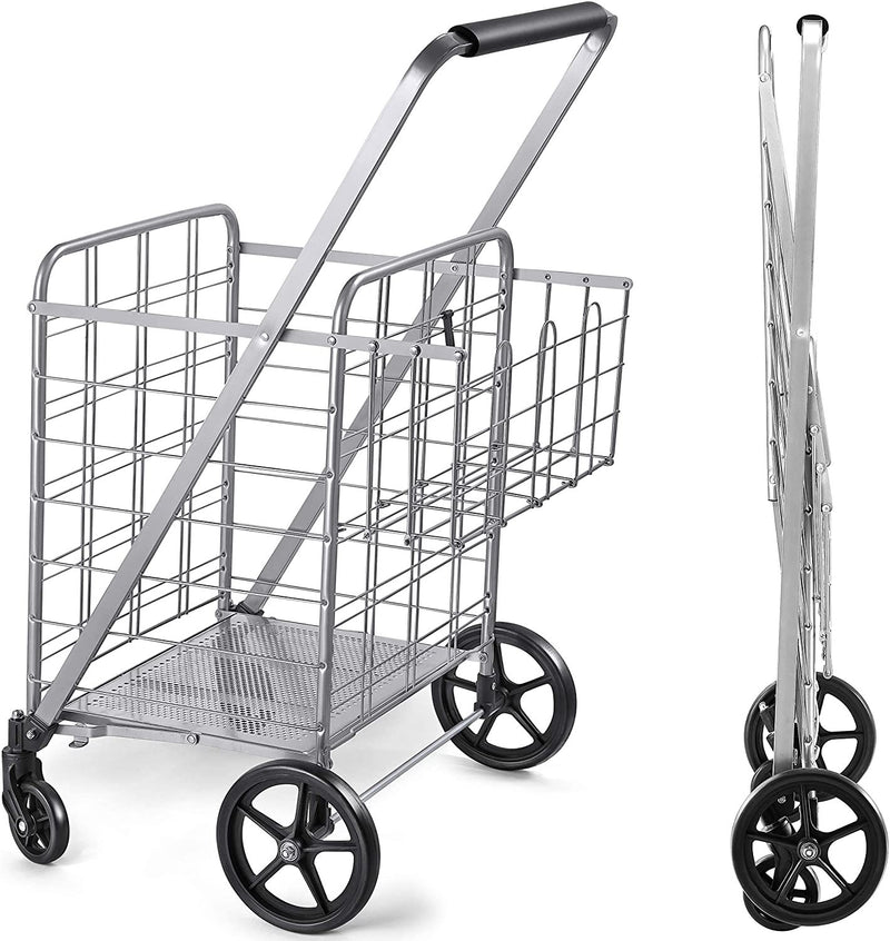 Wellmax Shopping Cart with Wheels, Metal Grocery Cart with Wheels, Shopping Carts For Groceries, Folding Cart For Convenient Storage And Holds Up To 160lbs, Dual Swivel Wheels and Extra Basket, Silver