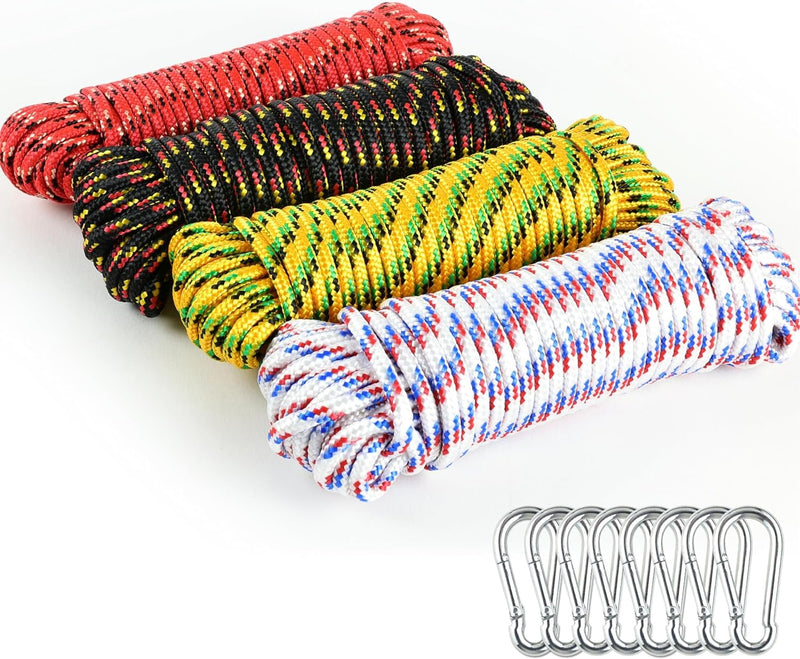 Wellmax 4 Pack 3/16" x 50ft Diamond Braided Polypropylene Rope with UV Treatment and Weather Resistant, Assorted Color
