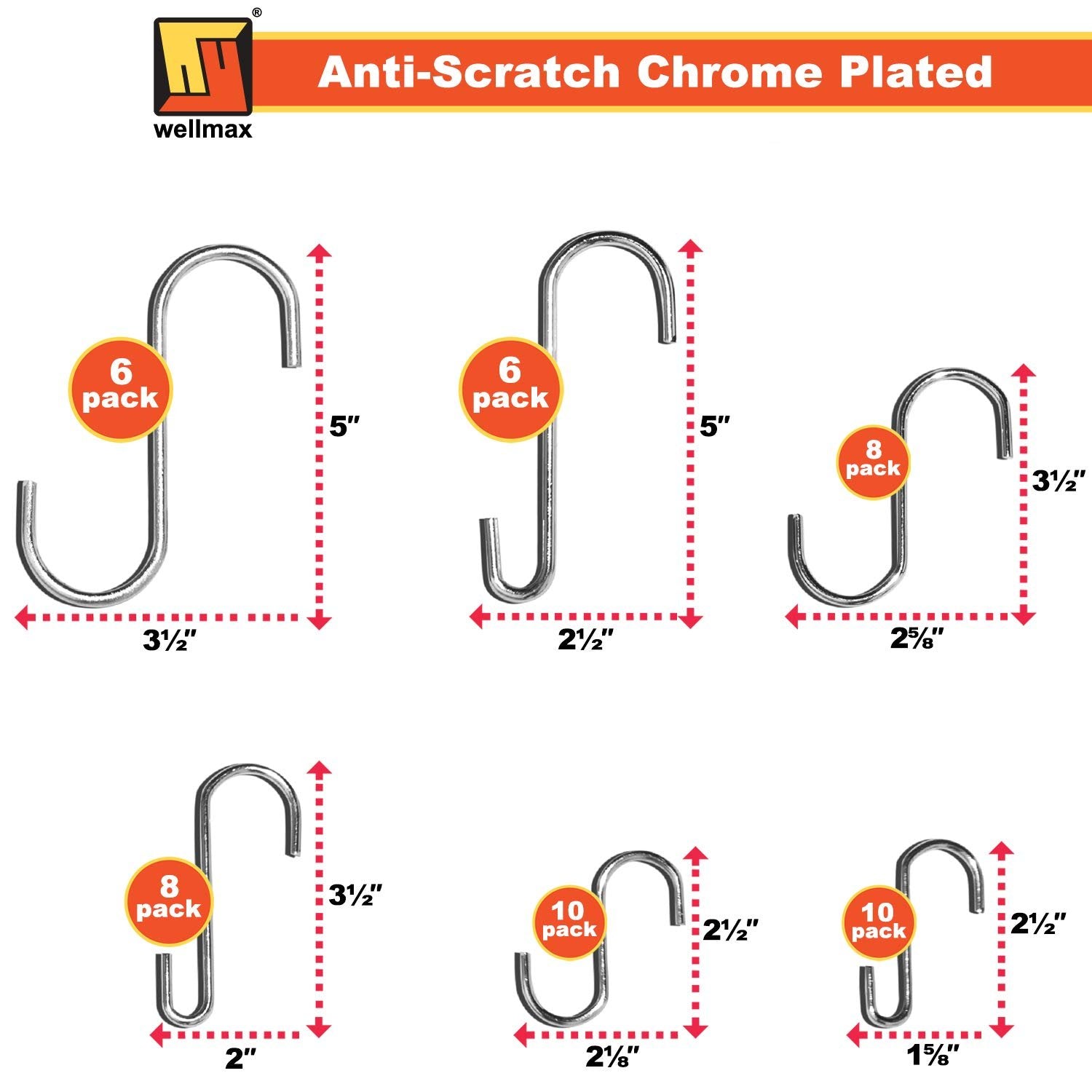 Wellmax 101pc S Hooks for Hanging, Heavy Duty S Shaped Hooks, Combination Assortment Metal S Hook Set for Hanging Plants, Closet, Kitchen, Pot Rack, and pots and Pans.