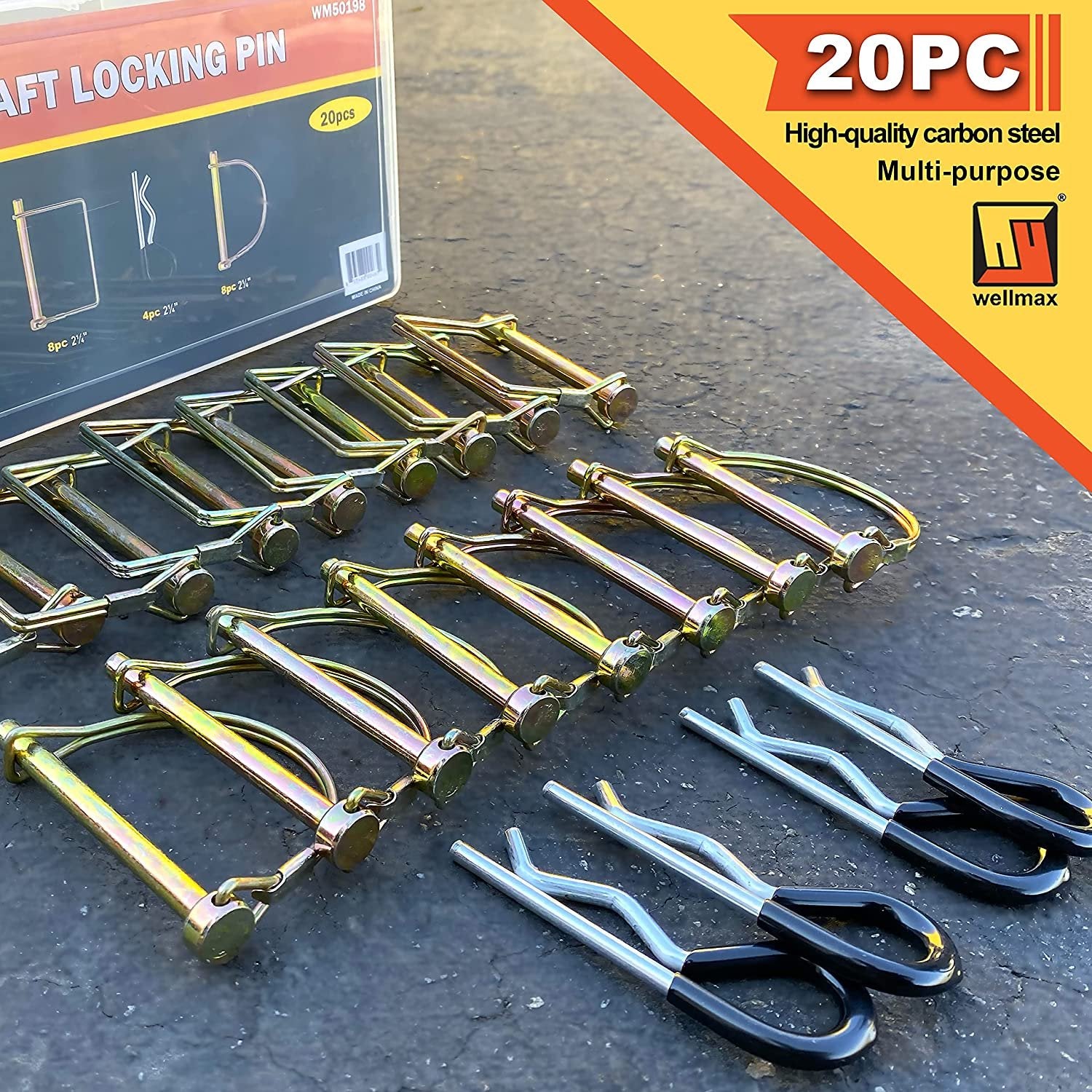 Wellmax 20 Pcs Shaft Locking Pin in 1/4 Diameter Zinc-Plated Heavy Duty Safety Pins, Bonus 4 Pcs Heavy Duty Trailer Hitch Pin for Trailer Lock and Hitch Pin Lock for Farm Lawn Garden Wagons