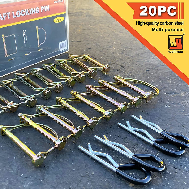 Wellmax 20 Pcs Shaft Locking Pin in 1/4 Diameter Zinc-Plated Heavy Duty Safety Pins, Bonus 4 Pcs Heavy Duty Trailer Hitch Pin for Trailer Lock and Hitch Pin Lock for Farm Lawn Garden Wagons
