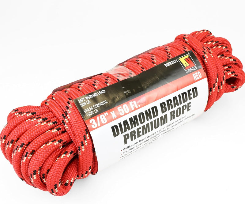 Wellmax Diamond Braid Nylon Rope, 3/8 in X 50 Foot, UV Resistant, High Strength and Weather Resistant - Red