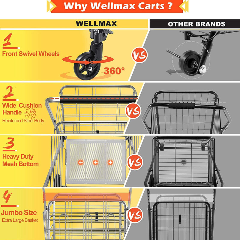 Wellmax Shopping Cart with Wheels, Metal Grocery Cart with Wheels, Shopping Carts For Groceries, Folding Cart For Convenient Storage And Holds Up To 160lbs, Dual Swivel Wheels and Extra Basket, Silver