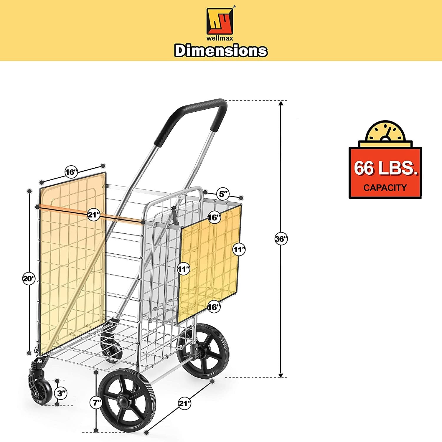 Wellmax Metal Grocery Shopping Cart with Wheels for Groceries, Folding Cart for Convenient Storage and Holds Up to 66lbs, Dual Swivel Wheels and Extra Basket, Silver