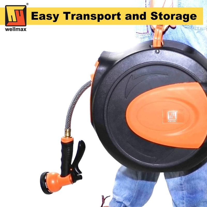 Wellmax Retractable Water Hose Reel with Wall Mount, Flexible Garden Hoses Expandable Up to 65ft + 7ft Hose Connector, Kink Free and Convenient Storage