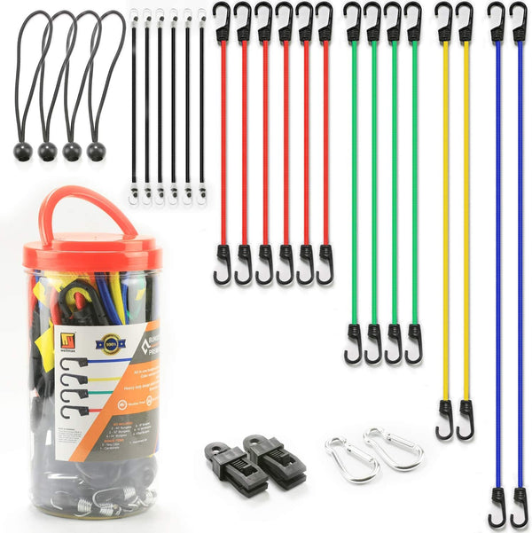 Wellmax Bungee Cords Hook Assortment Jar, 24 Piece Set with Canopy Ties Plastic Coated Metal Hooks