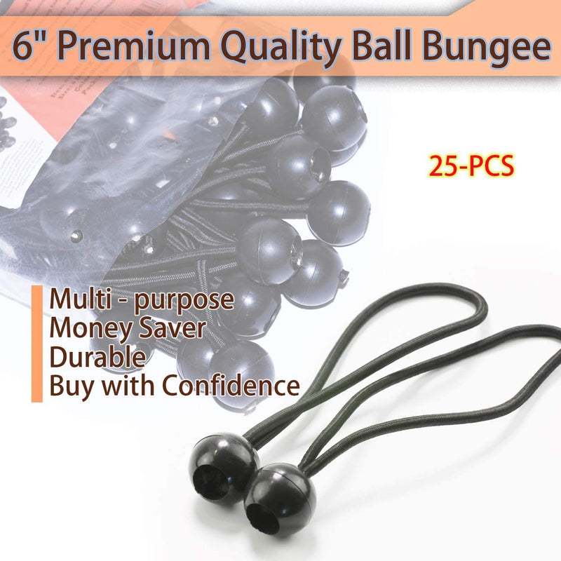 6 inch 50 Piece Heavy Duty 5mm Ball Bungee Canopy Cord By Wellmax, Black Color