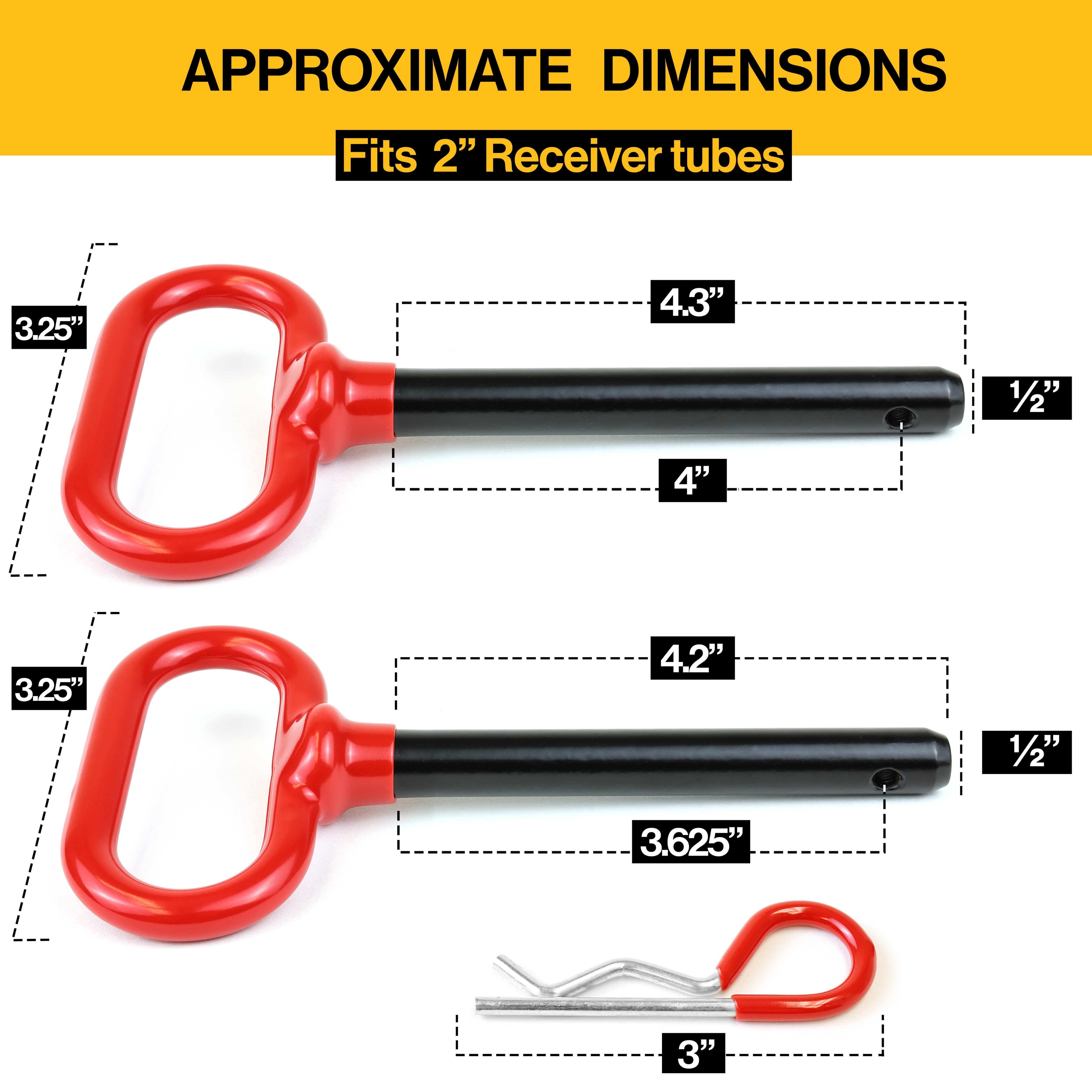 Wellmax 2PC 1/2" Diameter Trailer Hitch Pin Set - 3-5/8" and 4" Shank, with 4 R Clips and Rubber-Coated Vinyl Grip, Zinc-Plated