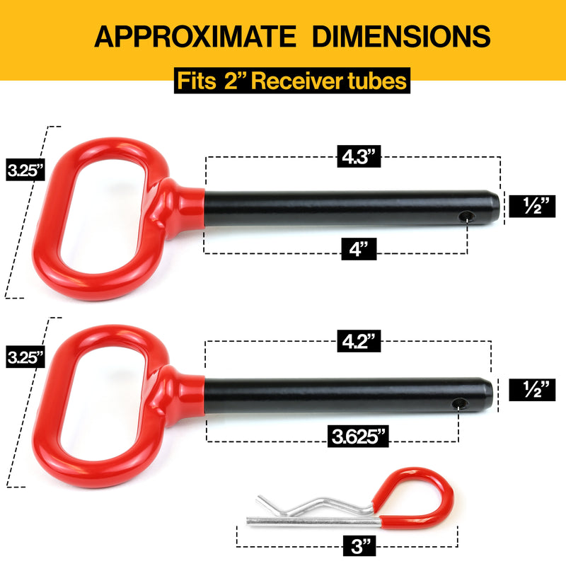 Wellmax 2PC 1/2" Diameter Trailer Hitch Pin Set - 3-5/8" and 4" Shank, with 4 R Clips and Rubber-Coated Vinyl Grip, Zinc-Plated