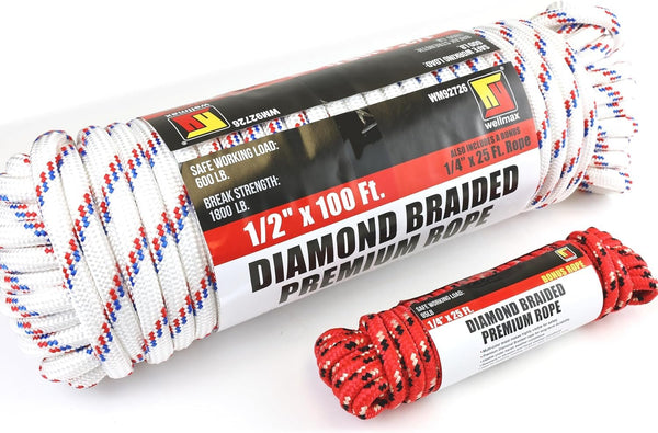 Wellmax Diamond Braid Nylon Rope, 1/2 in X 100 Foot with UV Protection and Weather Resistance, Red and White