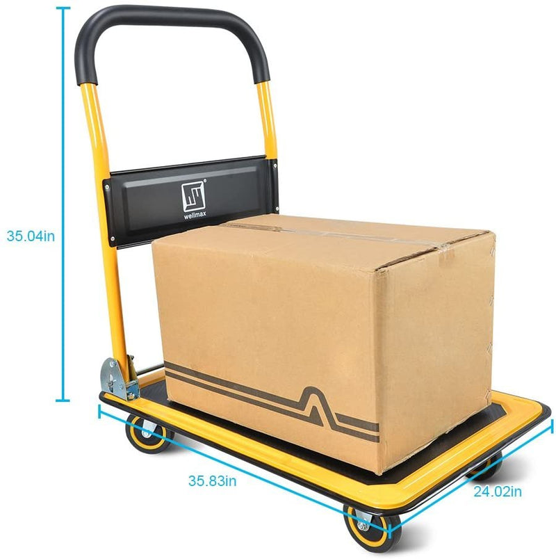 Push Cart Dolly by Wellmax, Moving Platform Hand Truck, Foldable for Easy Storage and 360 Degree Swivel Wheels with 660lb Weight Capacity, Yellow Color