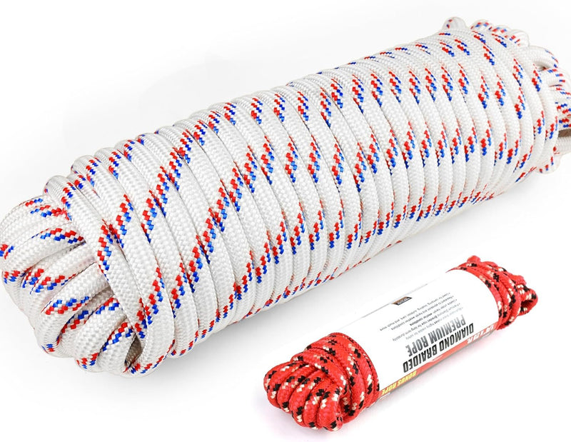 Wellmax Diamond Braid Nylon Rope, 1/2 in X 100 Foot with UV Protection and Weather Resistance, Red and White