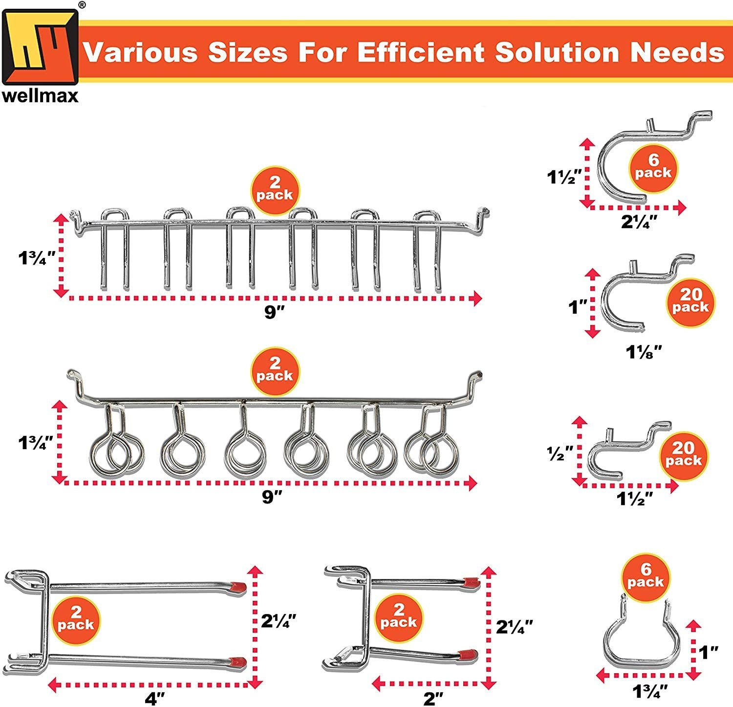 Wellmax 188pc Pegboard Hooks Accessories Assortment, Heavy Duty Peg Board Hook Set, Perfect for tools, crafts, peg boards and pegs attachments. Fits 1/4 and 1/8 inch Peg Holes