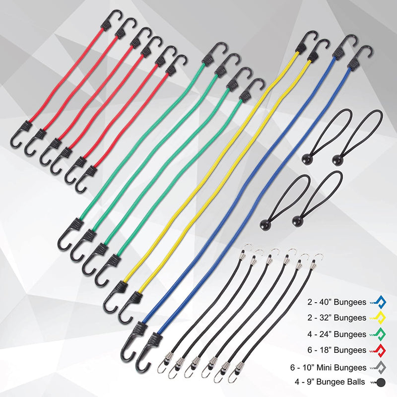 Wellmax Bungee Cords Hook Assortment Jar, 24 Piece Set with Canopy Ties Plastic Coated Metal Hooks