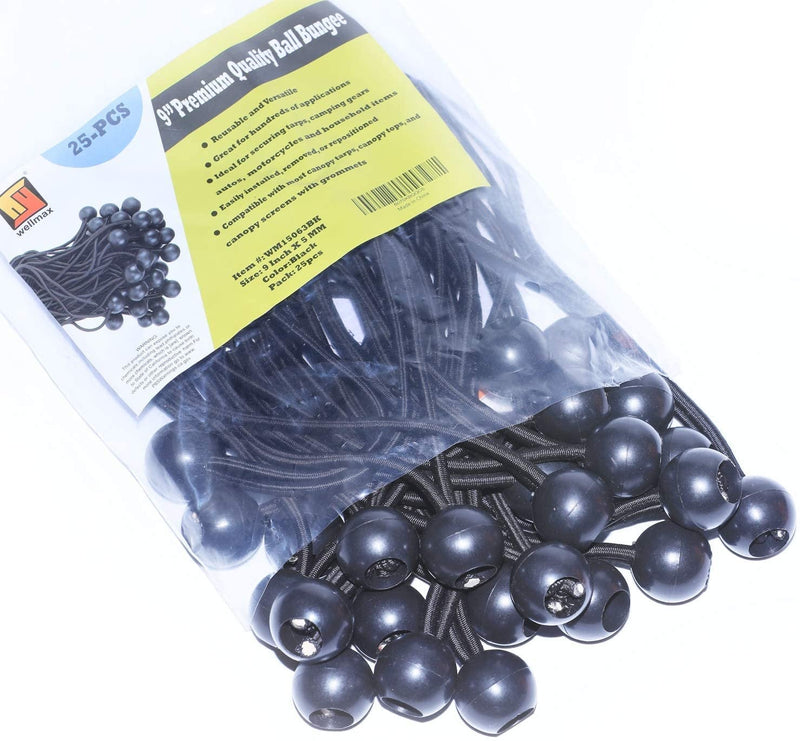 6 inch 50 Piece Heavy Duty 5mm Ball Bungee Canopy Cord By Wellmax, Black Color