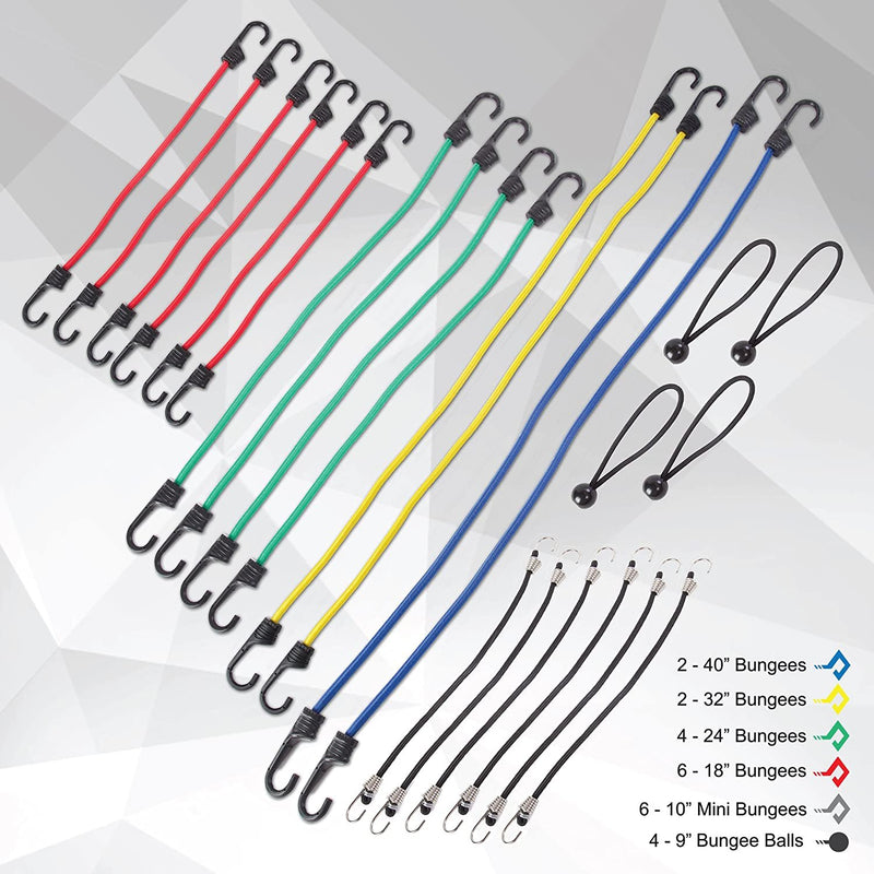Wellmax Bungee Cords Hook Assortment Bag, 24pc +8PC Bonus Set with Cargo Net Cover and Canopy Ties Attached with Plastic Coated Metal Hooks