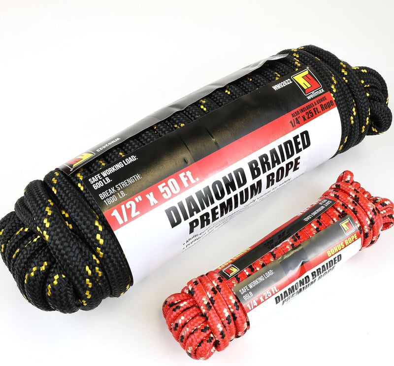 Wellmax Diamond Braid Nylon Rope, 1/2 in X 50 Foot with UV Protection and Weather Resistance, Black