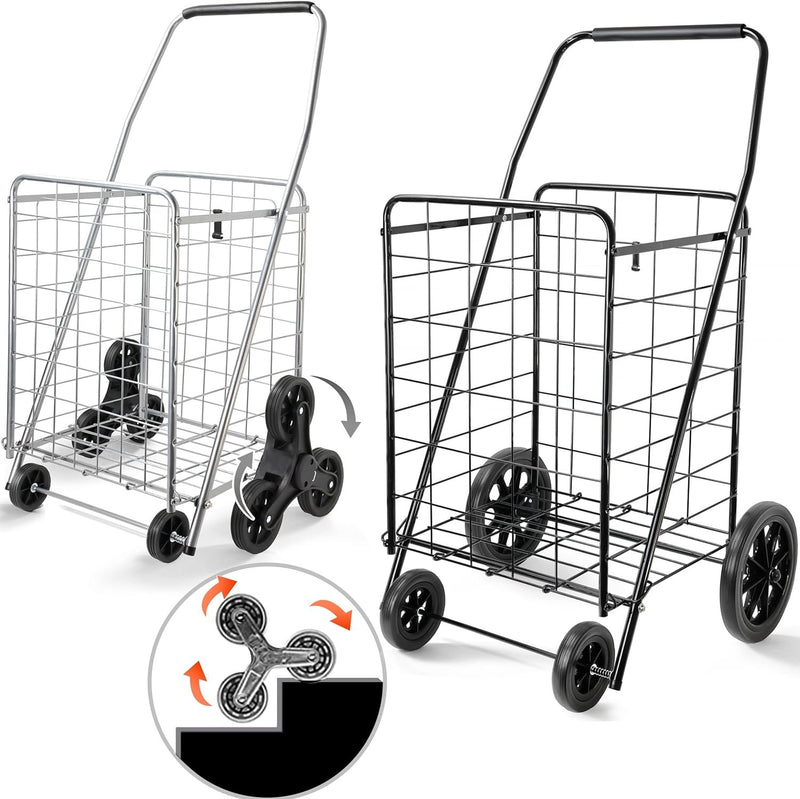 Wellmax 2-Pack Shopping Utility Cart with Stair Climber, Collapsible Folding Cart for Grocery, X-Large and Large (Black and Silver)