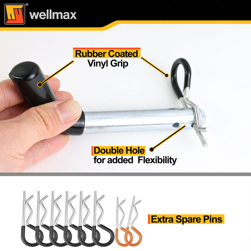Wellmax 12PC 5/8" and 1/2" Diameter Dual Pinhole Trailer Hitch Pin Set - 3 PC 5/8"x 3-1/2" and 1 PC 1/2"x3" Shank, with Rubber-Coated Vinyl Grip and 8pcs R Clips, Zinc-Plated for 2" Receiver