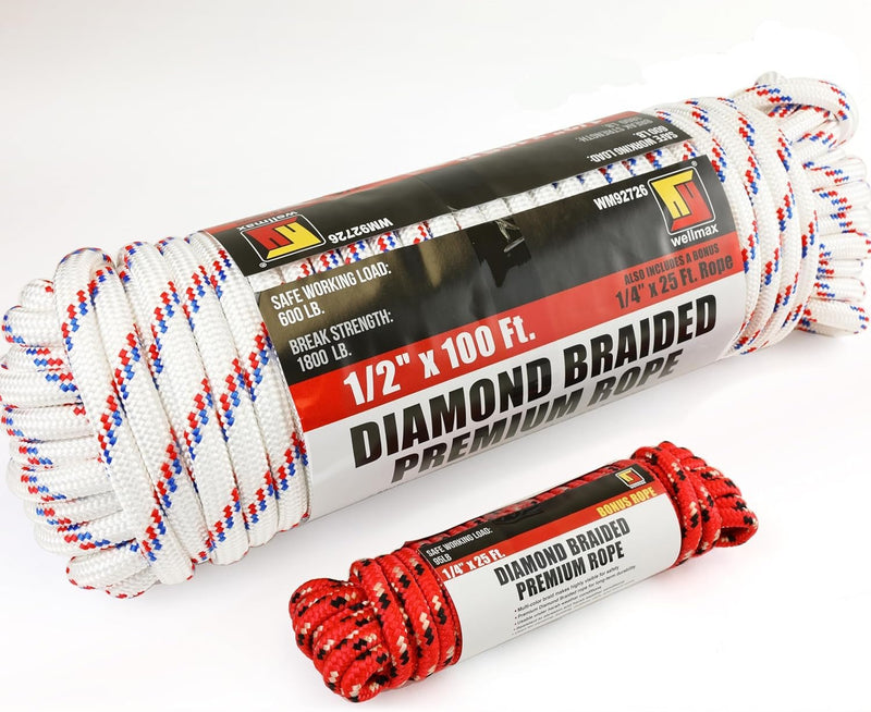 Wellmax Diamond Braid Nylon Rope, 1/2 in X 100 Foot with UV Protection and Weather Resistance, Red and White