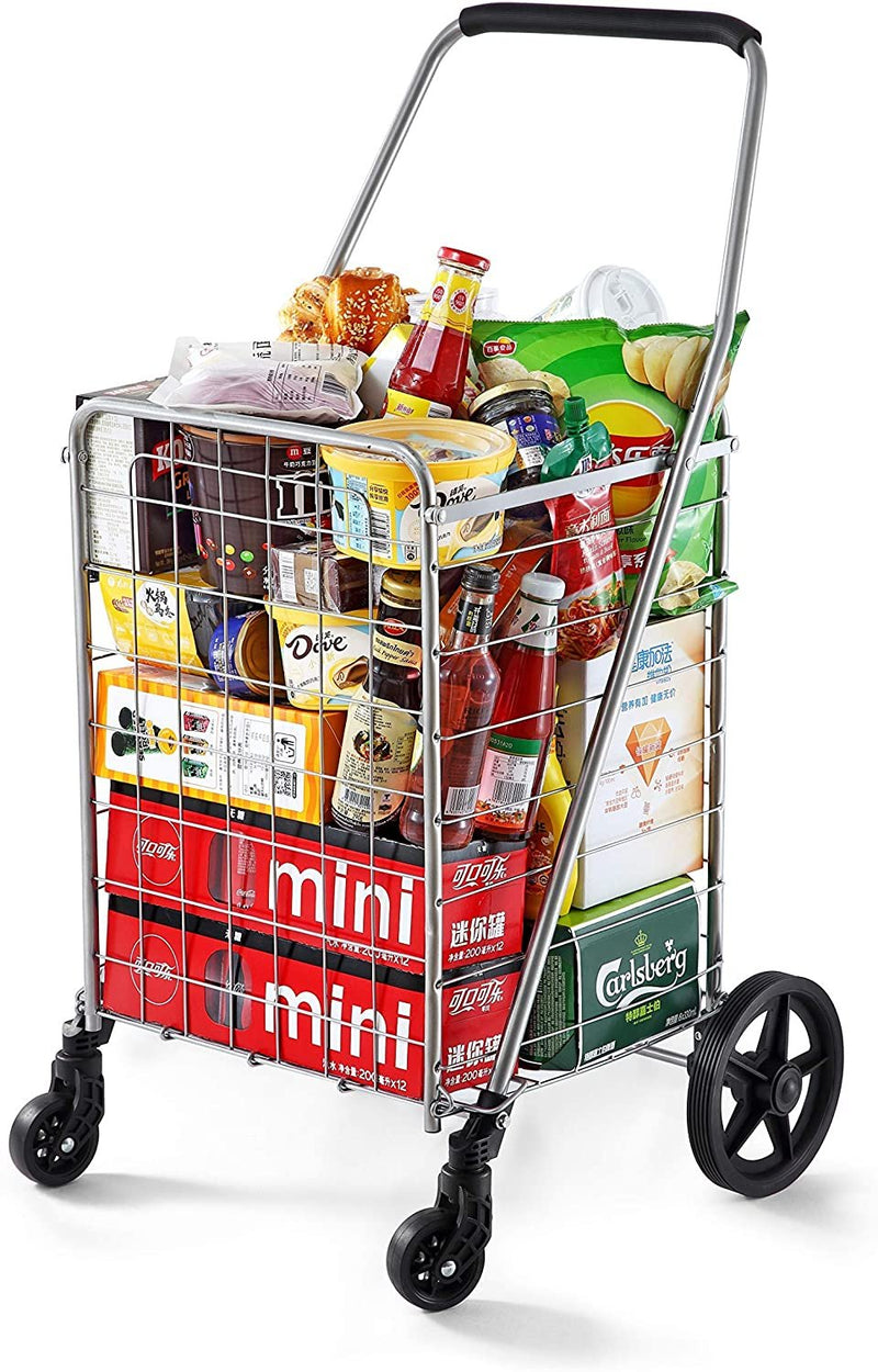 Wellmax WM99024S Grocery Utility Shopping Cart, Easily Collapsible and Portable to Save Space and Heavy Duty, Light Weight Trolley with Rolling Swivel Wheels