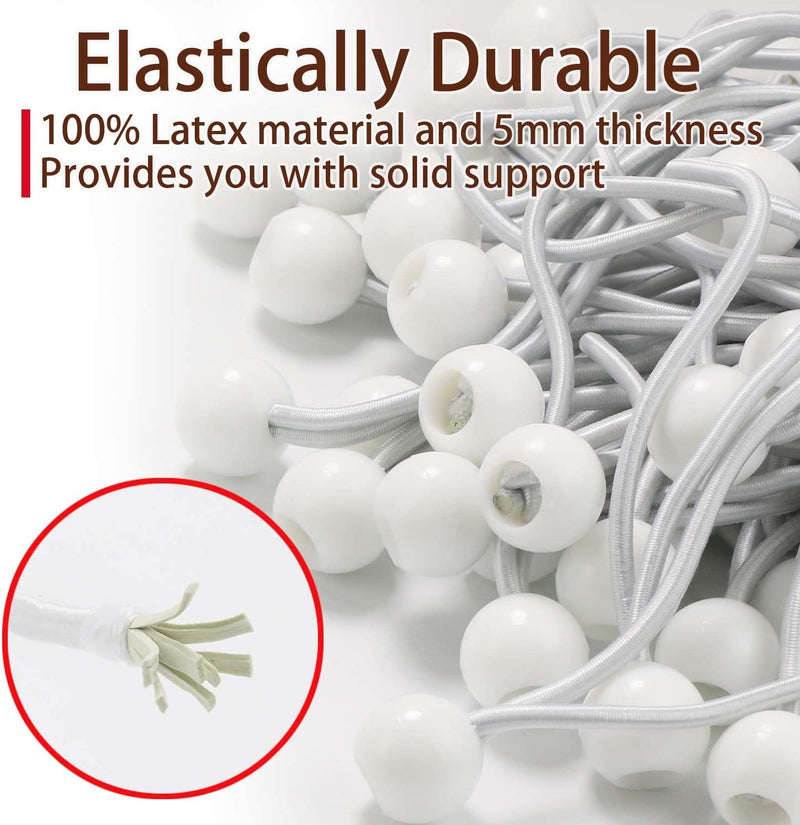 6 inch 50 Piece Heavy Duty 5mm Ball Bungee Canopy Cord By Wellmax, White Color